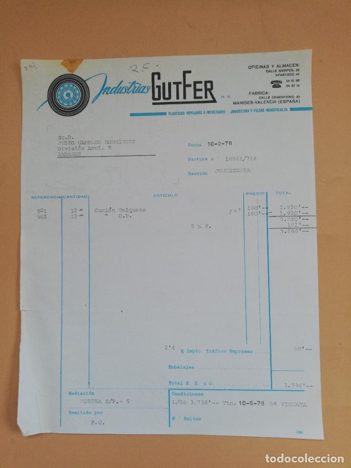 Faturas antigas: FACTURA. INDUSTRIAS GUTFER. VALENCIA, 1978.
