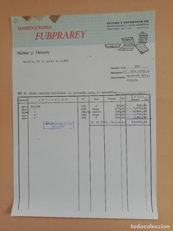 Faturas antigas: FACTURA. MARROQUINERIA FUBPRAREY. NU&Ntilde;EZ Y TENORIO. SEVILLA, 1978.