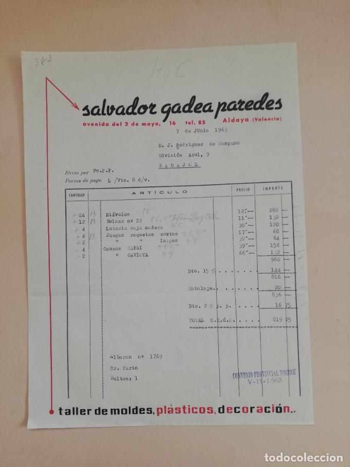 Faturas antigas: FACTURA. SALVADOR GADEA PAREDES. ALDAYA, VALENCIA, 1963.
