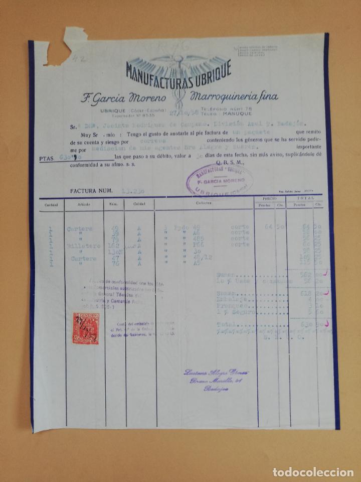 Faturas antigas: FACTURA. F. GARCIA MORENO. MANUFACTURAS UBRIQUE. MARROQUINERIA FINA. UBRIQUE, 1958.