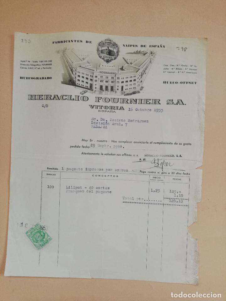 Faturas antigas: FACTURA. FABRICANTES DE NAIPES DE ESPA&Ntilde;A. HERACLIO FOURNIER, S. A. VITORIA. 1953.