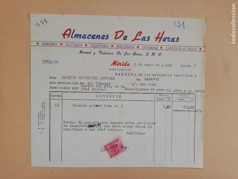 Faturas antigas: FACTURA. ALMACENES DE LAS HERAS. MERCERIA-HILATURAS-PAQUETERIA. MERIDA, 1950.