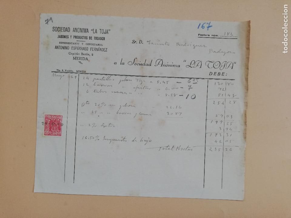 Faturas antigas: FACTURA. SOCIEDAD ANONIMA &rdquo; LA TOJA&rdquo;. JABONES Y PRODUCTOS DE TOCADOR. MERIDA. 1950.