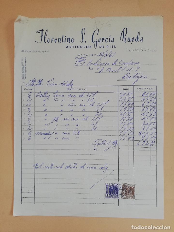 Faturas antigas: FACTURA. ARTICULOS DE PIEL. FLORENTINO S. GARCIA RUEDA. ALBACETE, 1961.