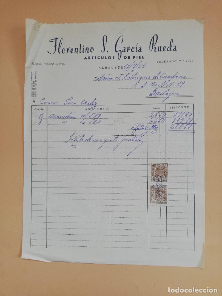Faturas antigas: FACTURA. ARTICULOS DE PIEL. FLORENTINO S. GARCIA RUEDA. ALBACETE, 1961.