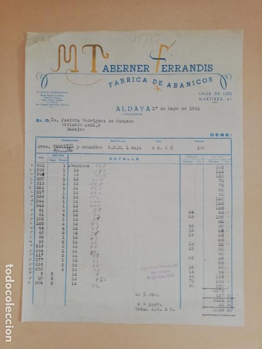 Faturas antigas: FACTURA. FABRICA DE ABANICOS. B. TABERNER. ALDAYA, VALENCIA, 1961.
