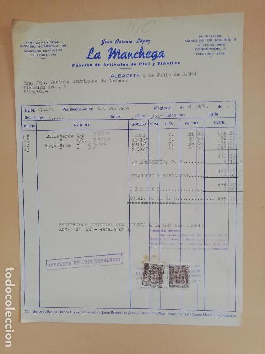 Faturas antigas: FACTURA. FABRICA DE ARTICULOS DE PIEL. LA MANCHEGA. JUAN ANTONIO LOPEZ. ALBACETE. 1961.