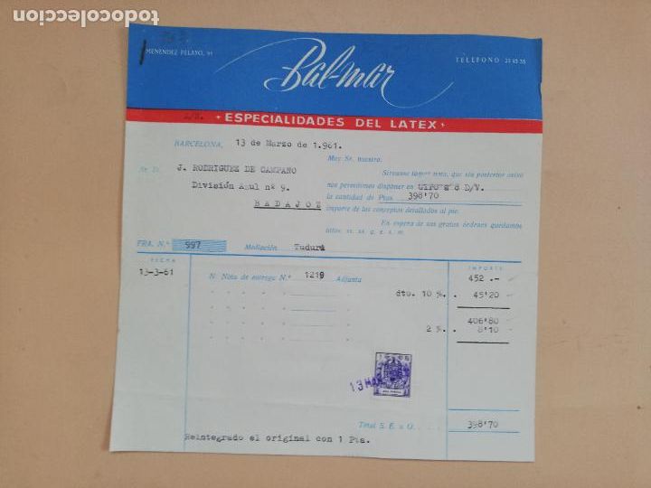 Faturas antigas: FACTURA. ESPECIALIDADES DEL LATEX. BAL-MAR. BARCELONA, 1961.