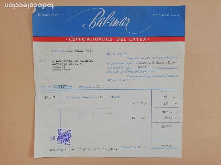 Faturas antigas: FACTURA. ESPECIALIDADES DEL LATEX. BAL-MAR. BARCELONA, 1961.