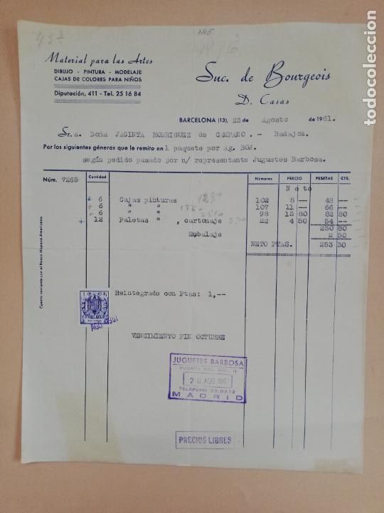 Faturas antigas: FACTURA. MATERIAL PARA LAS ARTES. SUC. DE BOURGEOIS. BARCELONA, 1961.