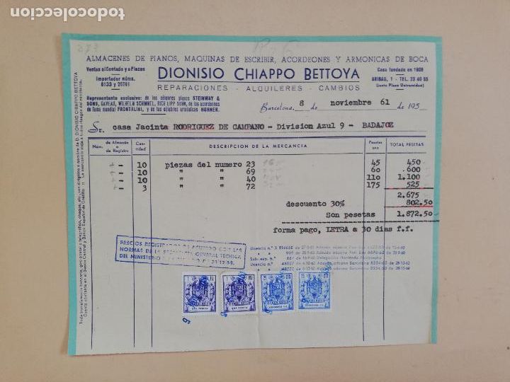 Faturas antigas: FACTURA. ALMACENES DE PIANOS. MAQUINAS DE ESCRIBIR. DIONISIO CHIAPPO BETTOYA. BARCELONA, 1961.