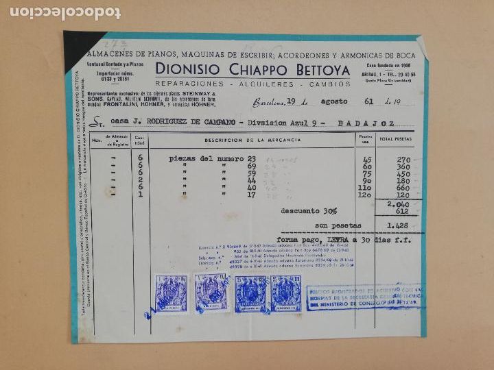 Faturas antigas: FACTURA. ALMACENES DE PIANOS. MAQUINAS DE ESCRIBIR. DIONISIO CHIAPPO BETTOYA. BARCELONA, 1961.