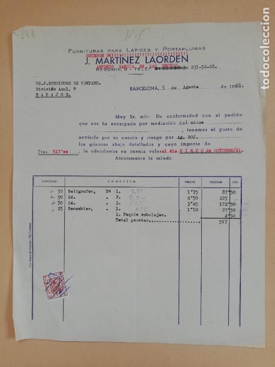 Faturas antigas: FACTURA. FORNITURA PARA LAPICES Y BOLIGRAFOS. ANTONIO GARCIA DE LAS MESTAS. BARCELONA, 1961.