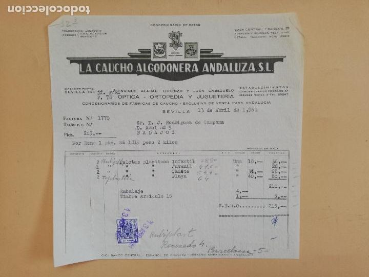 Faturas antigas: FACTURA. LA CAUCHO ALGODONERA ANDALUZA, S. L. OPTICA ORTOPEDIA JUGUETERIA. SEVILLA, 1961.