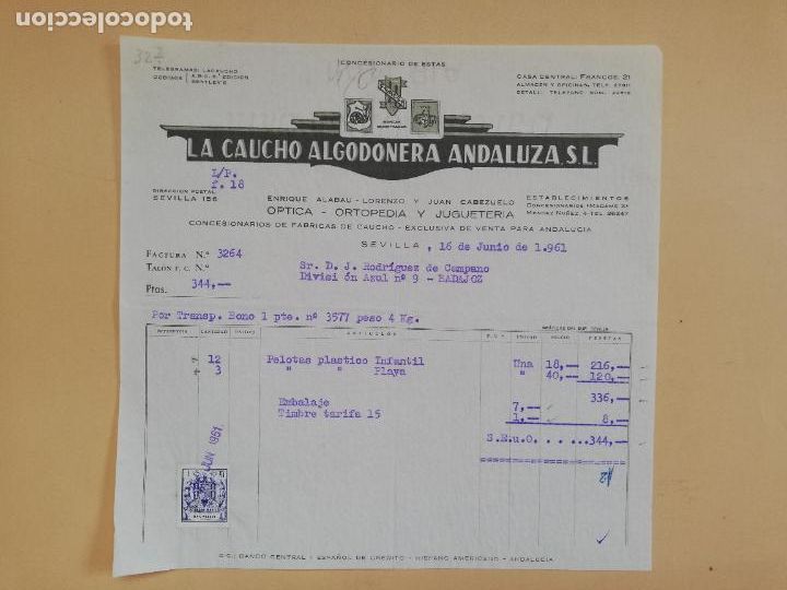 Faturas antigas: FACTURA. LA CAUCHO ALGODONERA ANDALUZA, S. L. OPTICA ORTOPEDIA JUGUETERIA. SEVILLA, 1961.