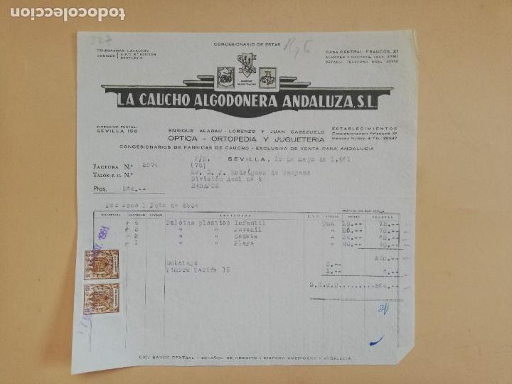 Faturas antigas: FACTURA. LA CAUCHO ALGODONERA ANDALUZA, S. L. OPTICA ORTOPEDIA JUGUETERIA. SEVILLA, 1961.