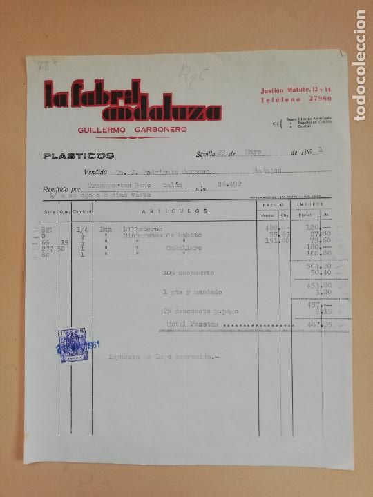 Faturas antigas: FACTURA. LA FABRIL ANDALUZA. GUILLERMO CARBONERO. SEVILLA. 1961.