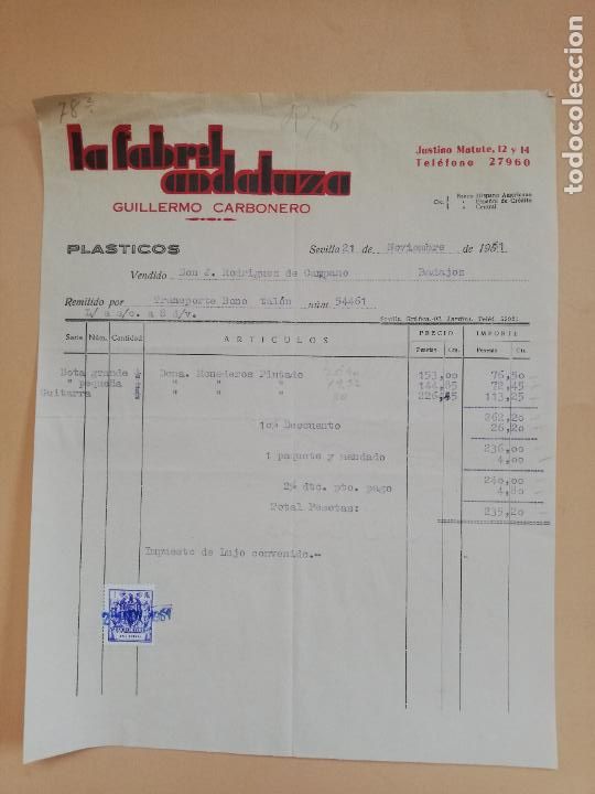 Faturas antigas: FACTURA. LA FABRIL ANDALUZA. GUILLERMO CARBONERO. SEVILLA. 1961.