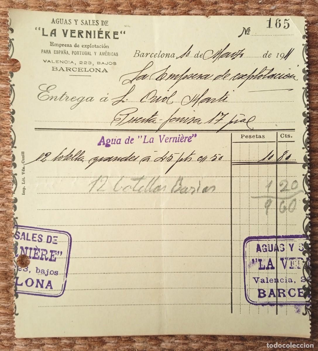 Factures anciennes: AGUAS Y SALES DE LA VERNIERE - BARCELONA - FACTURA POR LA VENTA DE 12 BOTELLAS