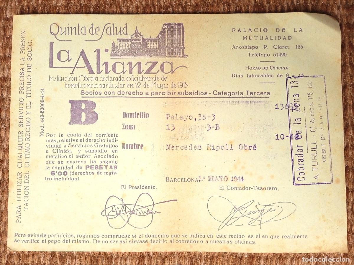 Factures anciennes: QUINTA DE SALUD LA ALIANZA - BARCELONA - RECIBO 1944