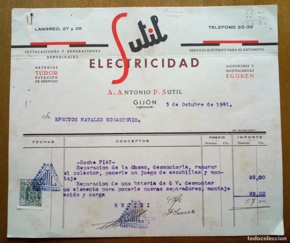 Facturas antiguas: Factura de Sutil electricidad. Gijón-Asturias. 1941