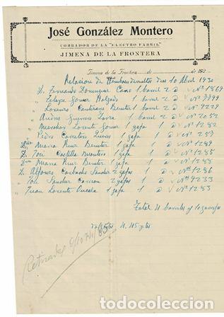 Factures anciennes: FACTURA JOS&Eacute; GONZ&Aacute;LEZ MONTERO (JIMENA DE LA FRONTERA 10 ABRIL 1930) FACTURA-328