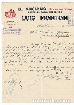 Factures anciennes: FACTURA EL ANCIANO REY DE LOS VINOS LUIS MONT&Oacute;N (BAIL&Eacute;N 24 ENERO 1920) FACTURA-330