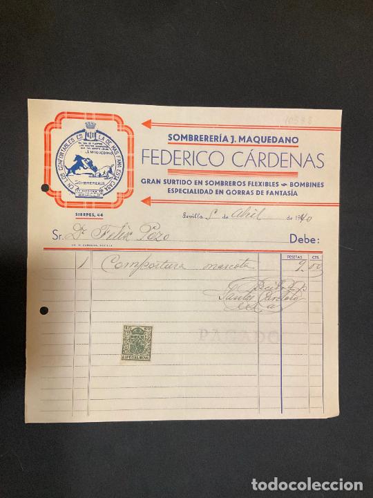 Factures anciennes: FACTURA. FEDERICO CARDENAS. SOMBRERIA J. MAQUEDANO. SEVILLA 1940