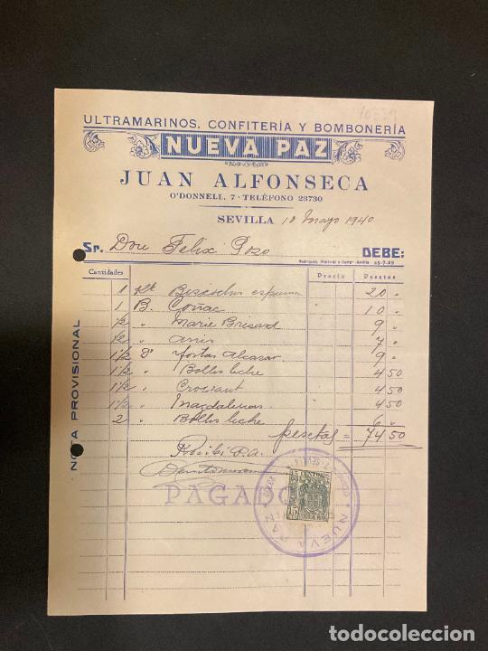 Factures anciennes: FACTURA. NUEVA PAZ. ULTRAMARINOS. JUAN ALFONSECA. SEVILLA 1940
