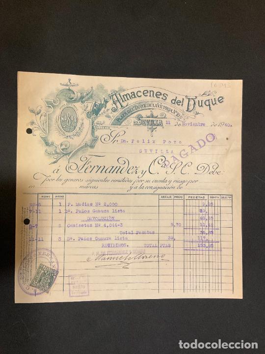 Factures anciennes: FACTURA. ALMACENES DEL DUQUE. SEVILLA 1940. FERNANDEZ Y CIA. NODO. NO DO.