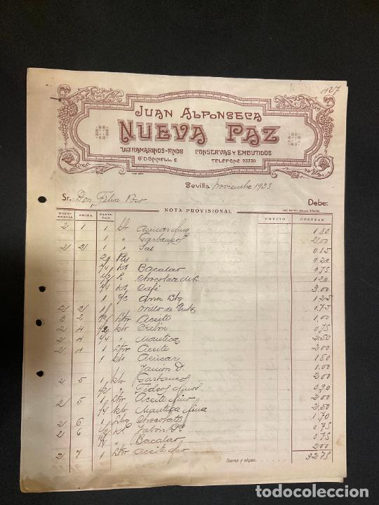 Factures anciennes: FACTURA. NUEVA PAZ. ULTRAMARINOS. JUAN ALFONSECA. SEVILLA 1935