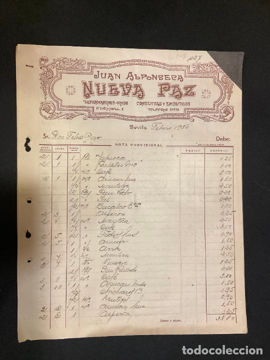 Factures anciennes: FACTURA. NUEVA PAZ. ULTRAMARINOS. JUAN ALFONSECA. SEVILLA 1936