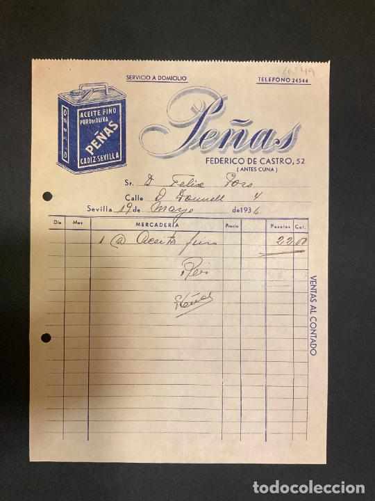 Factures anciennes: FACTURA. ACEITE FINO PURO DE OLIVA. PE&Ntilde;AS. FEDERICO DE CASTRO. SEVILLA 1936