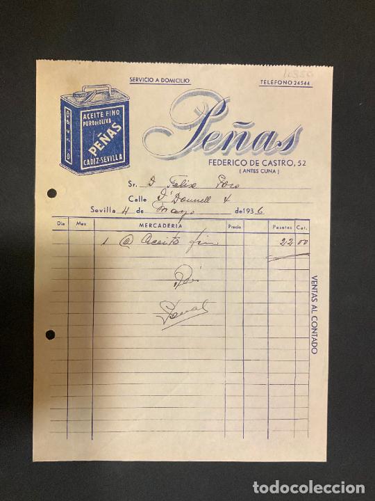 Factures anciennes: FACTURA. ACEITE FINO PURO DE OLIVA. PE&Ntilde;AS. FEDERICO DE CASTRO. SEVILLA 1936