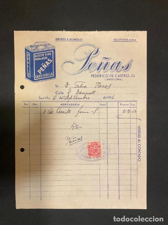 Factures anciennes: FACTURA. ACEITE FINO PURO DE OLIVA. PE&Ntilde;AS. FEDERICO DE CASTRO. SEVILLA 1936