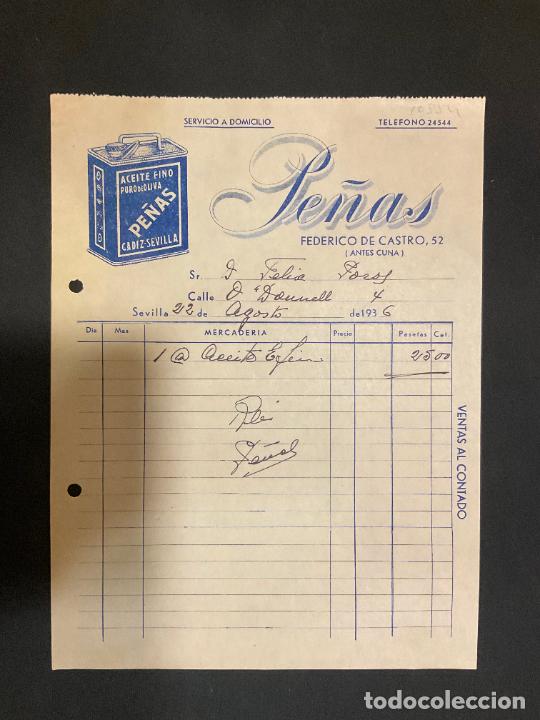 Factures anciennes: FACTURA. ACEITE FINO PURO DE OLIVA. PE&Ntilde;AS. FEDERICO DE CASTRO. SEVILLA 1936