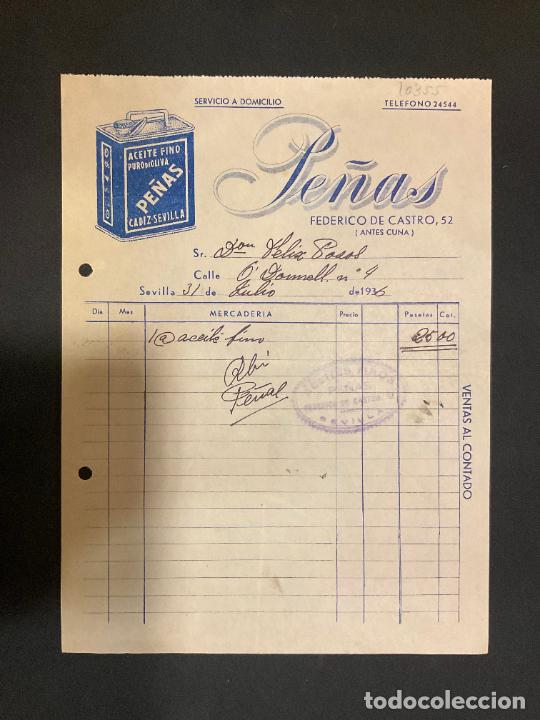Factures anciennes: FACTURA. ACEITE FINO PURO DE OLIVA. PE&Ntilde;AS. FEDERICO DE CASTRO. SEVILLA 1936
