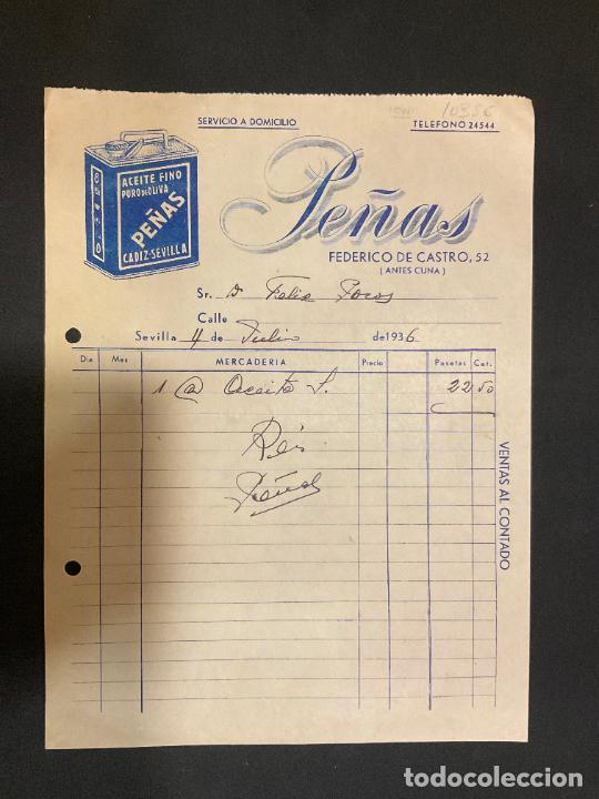Factures anciennes: FACTURA. ACEITE FINO PURO DE OLIVA. PE&Ntilde;AS. FEDERICO DE CASTRO. SEVILLA 1936