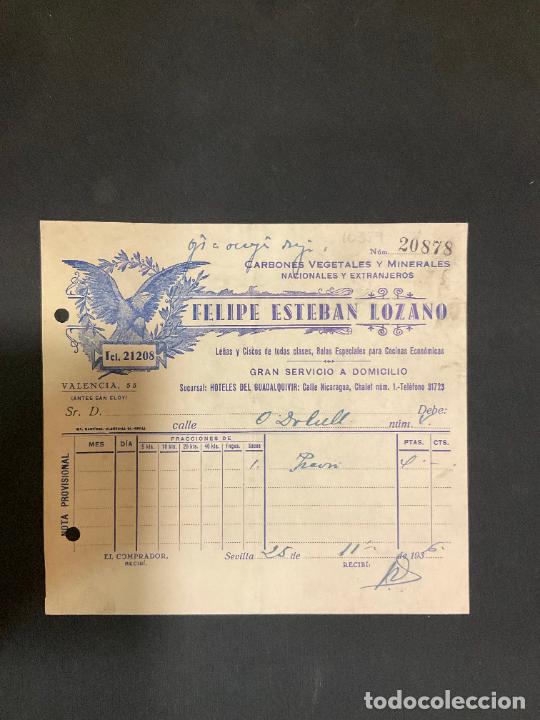 Factures anciennes: FACTURA. FELIPE ESTEBAN LOZANO. CARBONES VEGETALES Y MINERALES. SEVILLA 1936