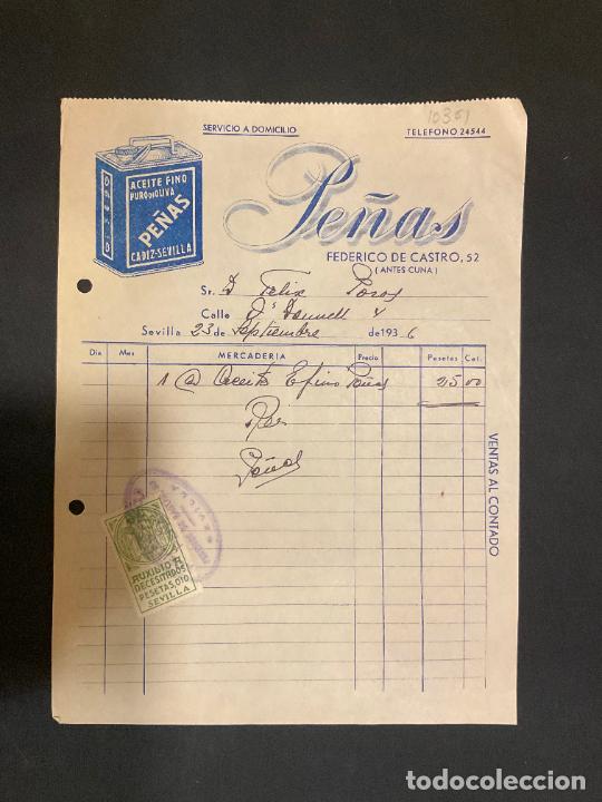 Factures anciennes: FACTURA. ACEITE FINO PURO DE OLIVA. PE&Ntilde;AS. FEDERICO DE CASTRO. SEVILLA 1936