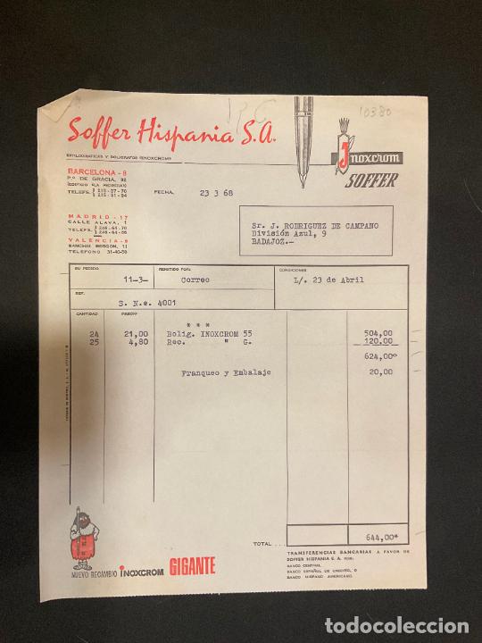 Old Invoices: FACTURA. SOFFER HISPANIA. BOLIGRAFOS INOXCROM. BARCELONA. 1968.