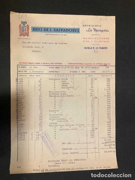 Old Invoices: FACTURA. HIJO DE I. SALVADORES. MANUFACTURAS DE LA PIEL. 1970. ASTORGA