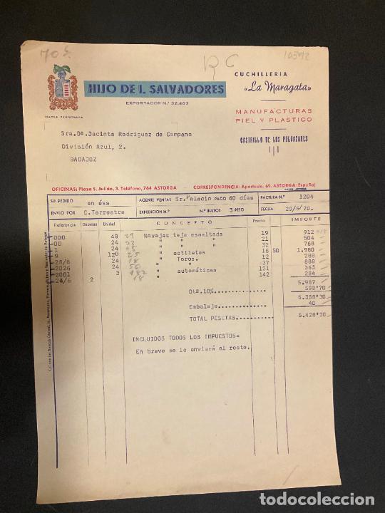 Old Invoices: FACTURA. HIJO DE I. SALVADORES. MANUFACTURAS DE LA PIEL. 1970. ASTORGA. CUCHILLERIA LA MARAGATA