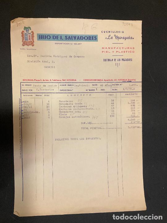 Old Invoices: FACTURA. HIJO DE I. SALVADORES. MANUFACTURAS DE LA PIEL. 1970. ASTORGA. CUCHILLERIA LA MARAGATA