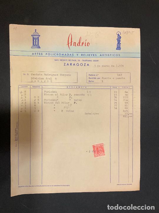 Old Invoices: FACTURA. ANDRIO. ARTES POLICROMADAS Y RELIEVES ARTISTICOS. ZARAGOZA 1959