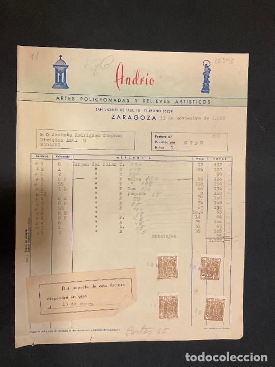Old Invoices: FACTURA. ANDRIO. ARTES POLICROMADAS Y RELIEVES ARTISTICOS. ZARAGOZA 1959