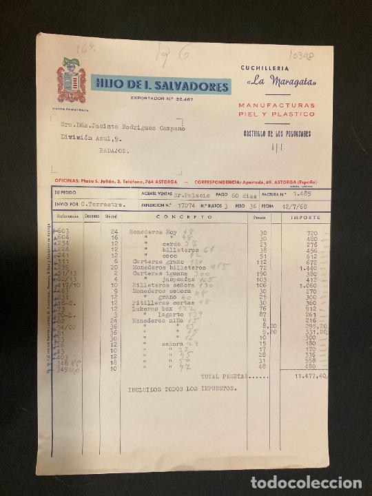 Old Invoices: FACTURA. HIJO DE I. SALVADORES. MANUFACTURAS DE LA PIEL. 1968. ASTORGA. CUCHILLERIA LA MARAGATA