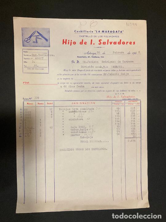 Old Invoices: FACTURA. HIJO DE I. SALVADORES. MANUFACTURAS DE LA PIEL. 1968. ASTORGA. CUCHILLERIA LA MARAGATA