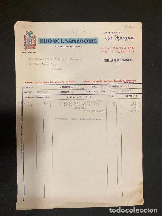 Old Invoices: FACTURA. HIJO DE I. SALVADORES. MANUFACTURAS DE LA PIEL. 1968. ASTORGA. CUCHILLERIA LA MARAGATA