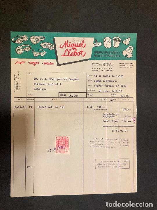 Old Invoices: FACTURA. MIGUEL LLEBOT. BARCELONA. GAFAS. ARTICULOS DE PLASTICO. 1955